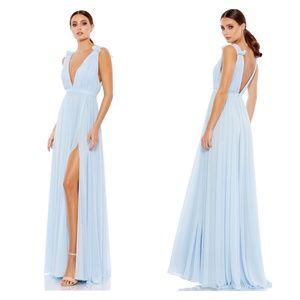 MAC DUGGAL | Powder Blue Grecian Gown Maxi Pleated Chiffon Sleeveless V Neck